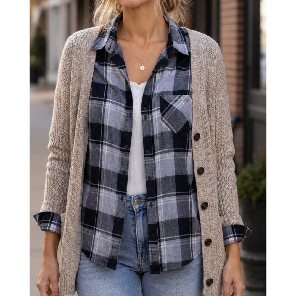 PAIGE Womens Button Down Shirt Blue Black Plaid Medium Grunge Flannel Plaid Core